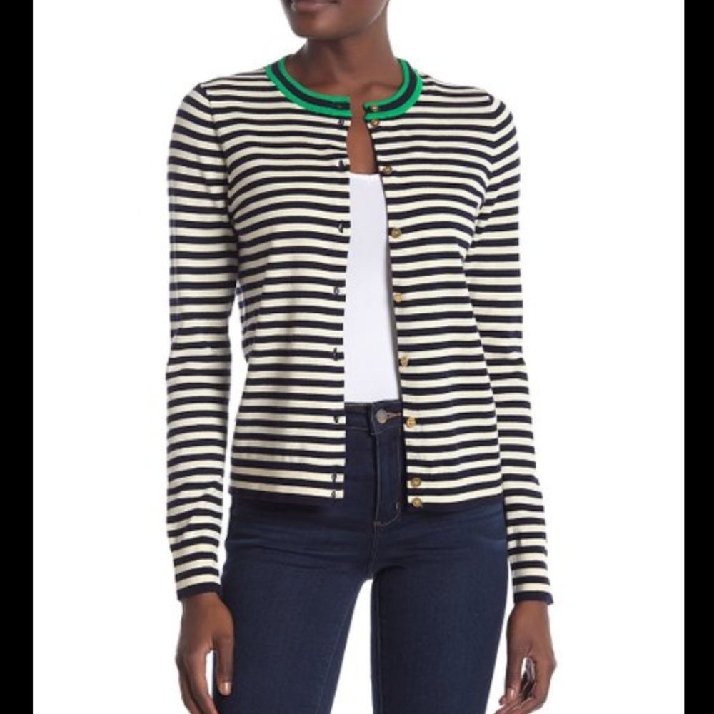 NEW J. Crew Tipped Caryn Striped Cardigan in Navy/Ivory/Green - size XS!
